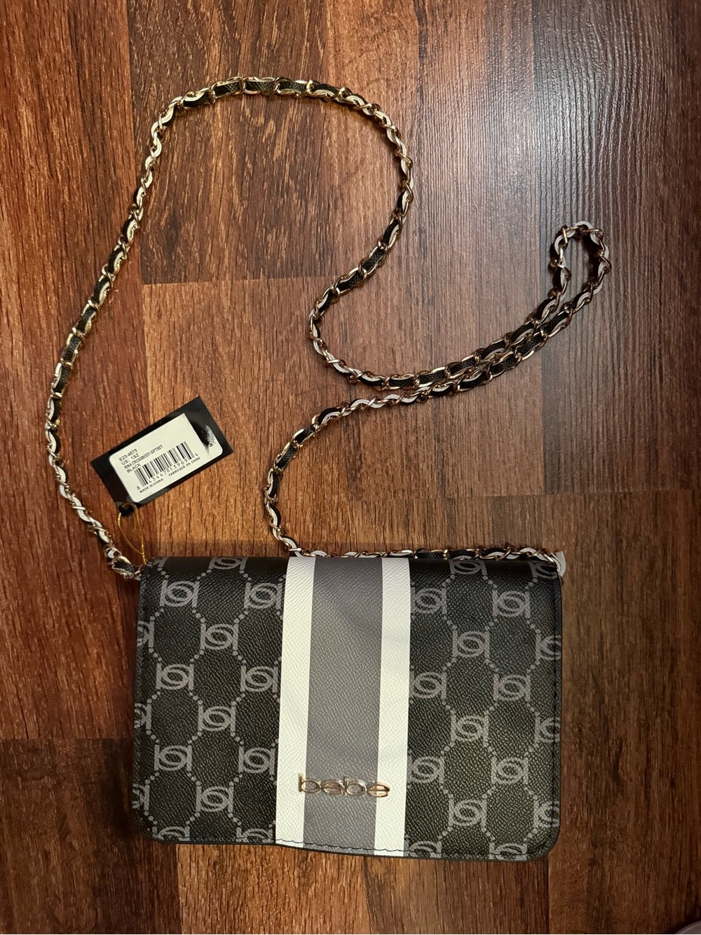 bebe Black and Gray Logo Crossbody with White Stripe and Gold Chain